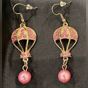 Vintage - Hot Air Balloon Pink Rhinestone & Faux Pearl Gold Earrings.